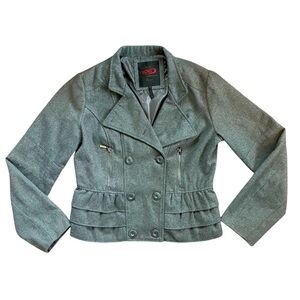 2000s Yoki Women's Grey Wool Blend Ruffle Crop Peacoat Size Medium